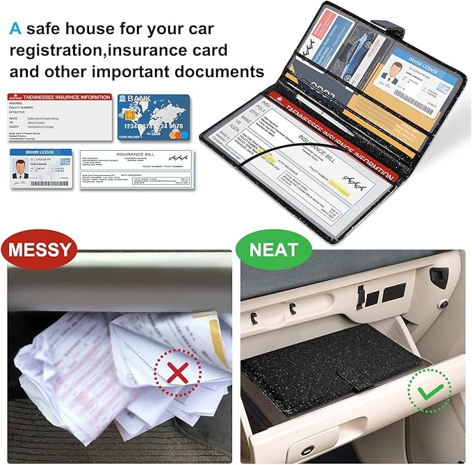 DMLuna Car Registration and Insurance Holder, Leather Vehicle Card Document Glove Box Organizer, Auto Truck Compartment Accessories for Essential Information, Driver License Cards, Glitter Black