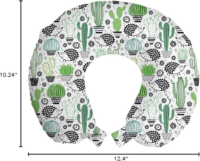 Ambesonne Cactus Travel Pillow Neck Rest, Cartoon Style Inspired Drawing of Hedgehog Animals Saguaro and Prickly Pear, Memory Foam Traveling Accessory for Airplane and Car, 12", White Green