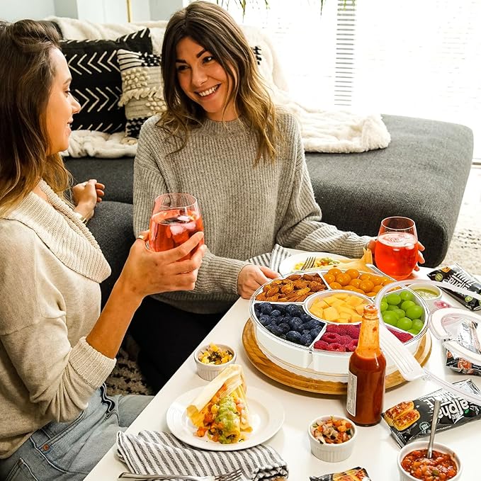 TAROSE Divided Serving Tray with Lid and Handle, 360° Rotating 6.6L Large Capacity Snackle Box Container with Dividers, Portable Snack Boxs for Fruit Veggie Salad, Beach Essentials Ideal for Picnic