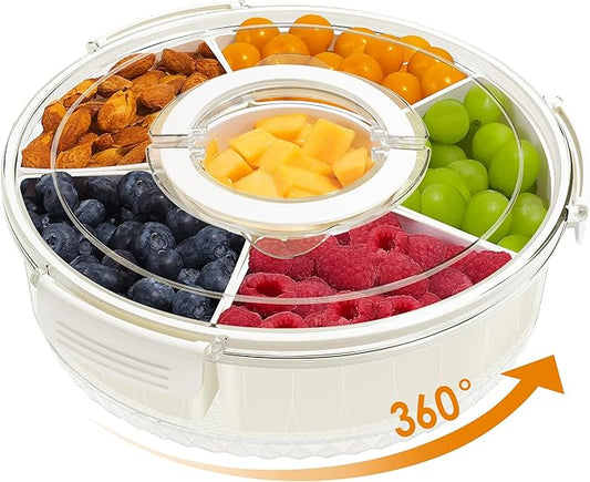 TAROSE Divided Serving Tray with Lid and Handle, 360° Rotating 6.6L Large Capacity Snackle Box Container with Dividers, Portable Snack Boxs for Fruit Veggie Salad, Beach Essentials Ideal for Picnic
