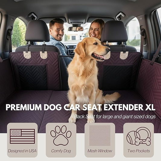 Premium Dog Back Seat XL Extender | Supports 400 lbs | Waterproof Hard Bottom & Non-Slip Design | Pet Seat Cover with Mesh Window & Storage Pocket | Fits Large SUV, Trucks (Brown)