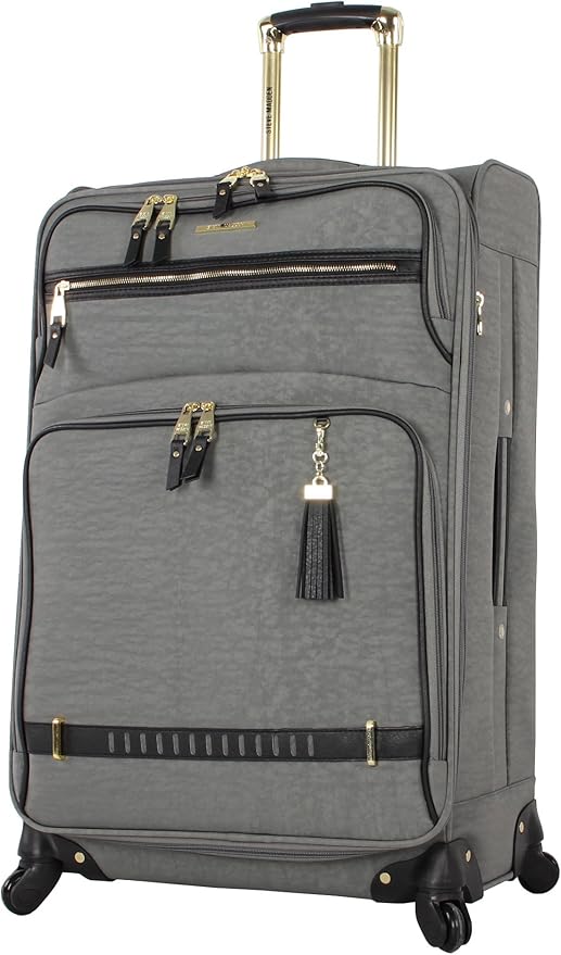 Steve Madden Designer Luggage - Checked Large 28 Inch Softside Suitcase - Expandable for Extra Packing Capacity - Lightweight Bag with Rolling Spinner Wheels (Peek-A-Boo Grey)