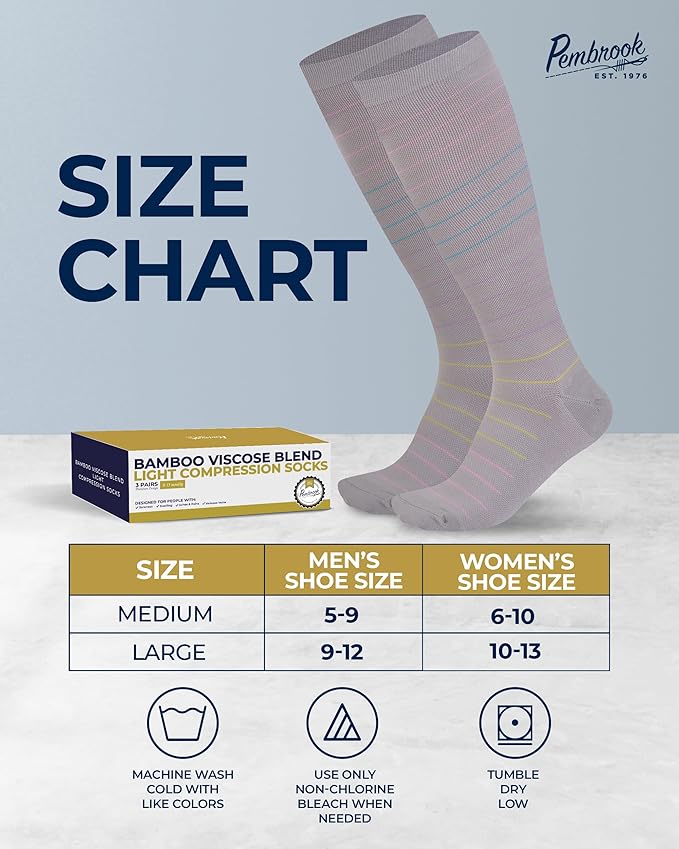 Pembrook Bamboo Viscose Light Compression Socks - 3 Pairs | 8-15 mmhg Compression Socks | Knee High Comfort Support Socks