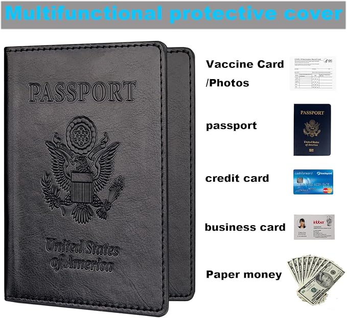 Herain Black & Dark Blue Passport Holder for Travel, Passport Cover Wallet Case 2 Pack Women Men Family Cruise Ship Essentials, Passports Book Holders Travel Vacation Must Haves