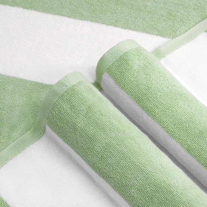 CLOWOOD Plush Oversized Beach Towel - Cotton 40 x 70 Inch Large Thick Grass Green Striped Cabana Pool Swimming Towel