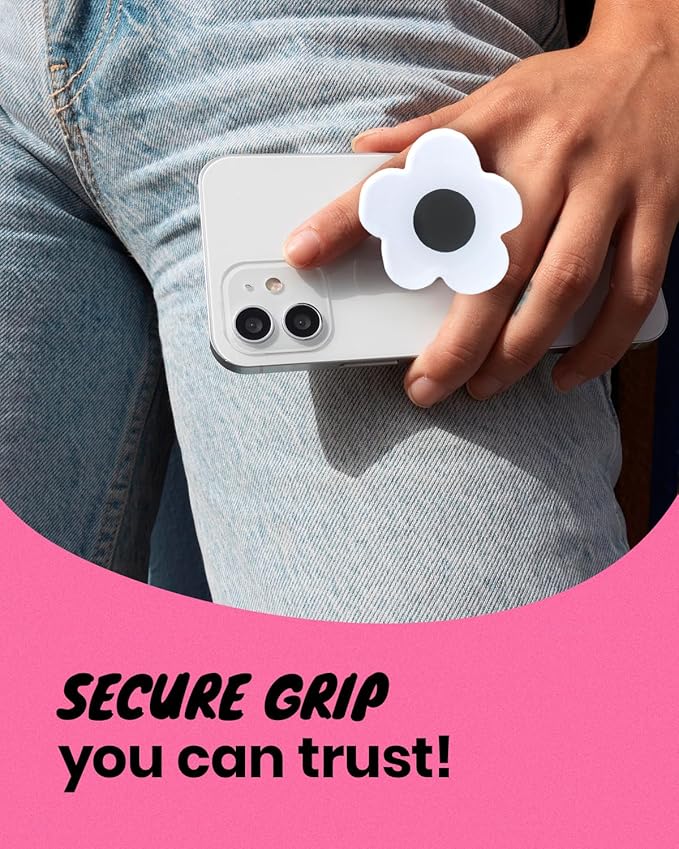 OnTheGrip Cute Solid Color Daisy Flower Design Collapsible Mobile Phone Grip Stand Holder for Smartphone Tablet Cell Phone Accessory (White Black)