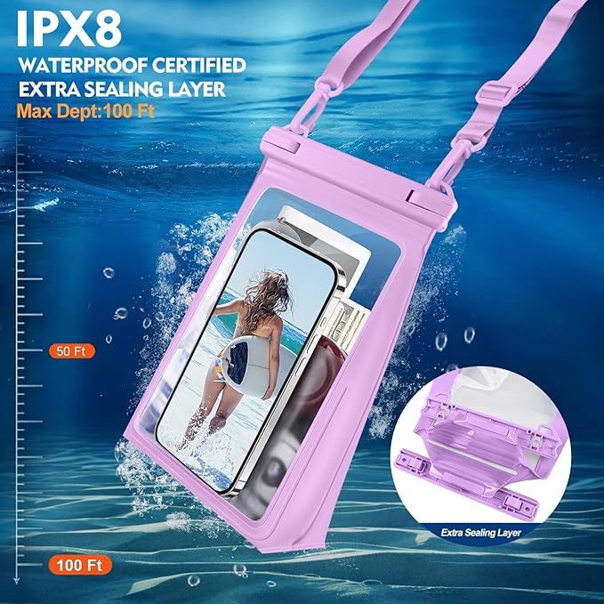 Large Floating Waterproof Phone Pouch, Cell Phone Dry Bag for iPhone 16 15 14 13 Pro Max Galaxy Google All Phones, IPX8 Waterproof Bag for Beach Vacation Purple