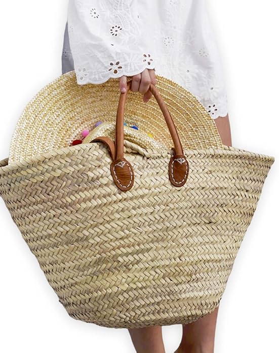 French Basket with Double Flat Leather Handles – Straw Tote, Beach Bag, Wicker Shopping Basket, Handmade Market Basket
