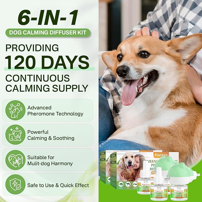 Dog Calming Diffuser with Timing Functions, 6-in-1 Dog Anxiety Relief Diffuser Kit, 120-Day Anxiety Relief, Stress Relaxation Pheromones Calming for All Dogs (2 Diffusers + 4 Refills)