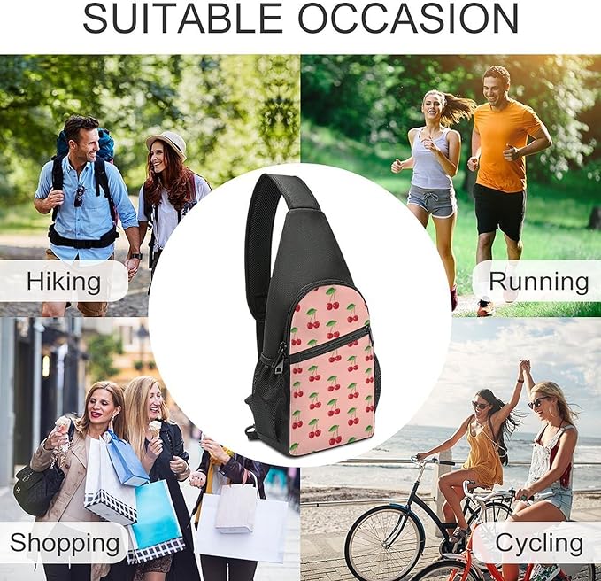 SWEET TANG Cute Sling Shoulder Backpacks Pink Cherry Fruit Theme Cherries Bags Chest Sack, Anti Theft Crossbody Rucksack for Hiking Traveling Sports, Multipurpose Daypacks for Men Women