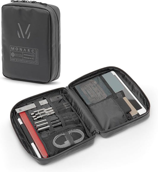 Monarc - Tech Pack, Made Using 8 Recycled Plastic Bottles, Cable & Camera Accessory Organizer, Toiletry bag, Water Resistant Materials (Black)