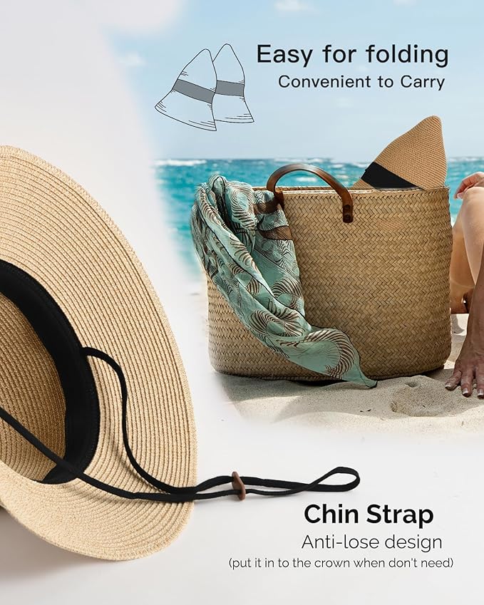 FURTALK Womens Beach Sun Straw Hat UV UPF 80+ Travel Foldable Brim Summer UV Hat