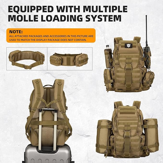 HongXingHai 50L Military Tactical Backpack 3 Day Assault Pack Molle Daypack Hiking Backpack for Men and Women (Khaki)
