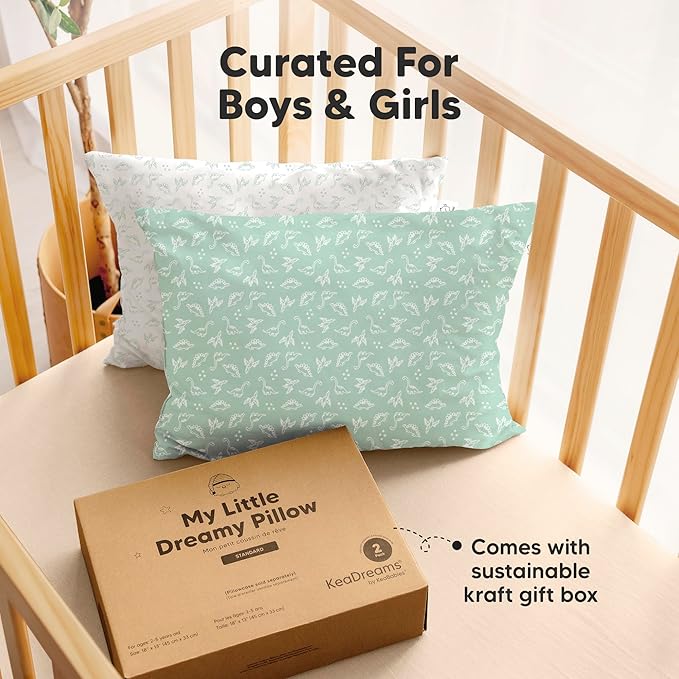 KeaBabies 2-Pack Toddler Pillow 13x18 - Soft Organic Cotton Kids Travel Bed Pillows for Sleeping, School, Nap, Machine Washable, Toddlers 2 to 5, Pillowcase Sold Separately (DinoLand)