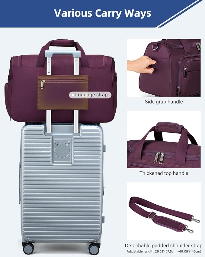 HanTrip Carry on Duffel Bag Foldable Duffle Bags for Travel, Large Personal Item Bags for Airplanes, Weekender Overnight Mens Travel Tote Bag for Women Softside Carry on Luggage (Purple)