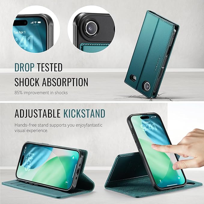 PlusnapX Wallet Case for iPhone Air Compatible with Magsafe, 2-in-1 PU Leather Flip RFID Blocking Card Holder Stand ShockAirof Magnetic Detachable Cover for iPhone 17 Air Case 6.5", Bluegreen