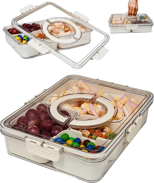 Mason & Meadow Small Snackle Box Container - Travel Snack Box Container - Snacklebox - Divided Serving Tray With Lid and Handle - Portable Snack Tray With Lid - Snackle Boxes (4 Compartments - Cream)