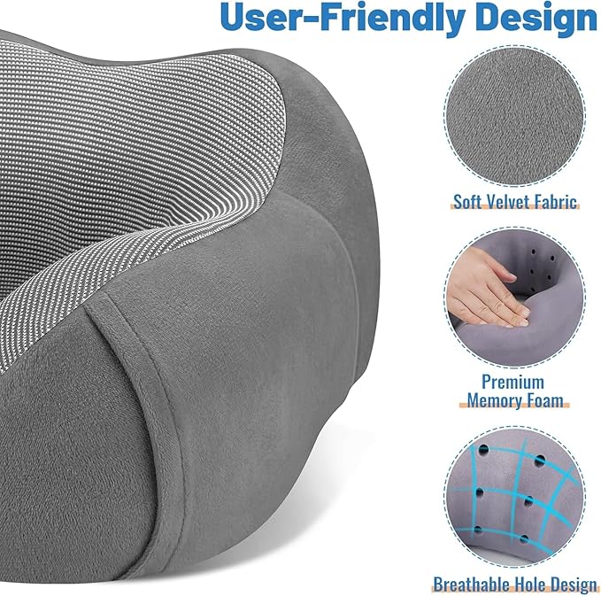 CloudBliss Travel Pillow Premium Memory Foam, Comfortable & Supportive Neck Pillow, Neck Pillows for Sleeping Travel, Airplane Pillow for Sleeping Airplane, Car, Office and Home（Black & Dark Grey）