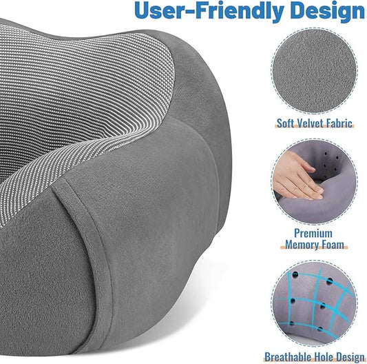 CloudBliss Travel Pillow Premium Memory Foam, Comfortable & Supportive Neck Pillow, Neck Pillows for Sleeping Travel, Airplane Pillow for Sleeping Airplane, Car, Office and Home（Black & Dark Grey）