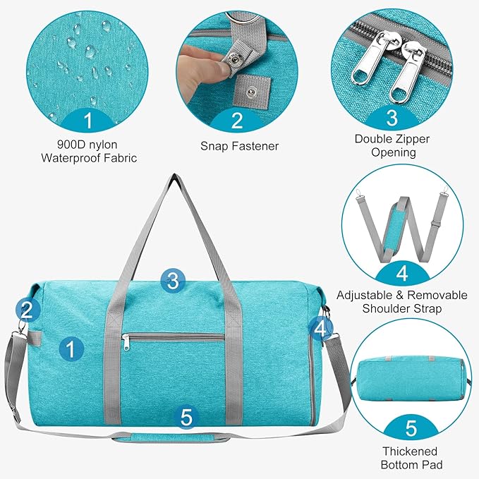 Felipe Varela Carry on luaggage Airlines Approved, Foldable Carry on Bag Travel Duffel Bags Overnight weekender Gym Duffle Carry Bag with Wet Pocket & Shoe Compartment for Women Men (MintGreen, 40L)