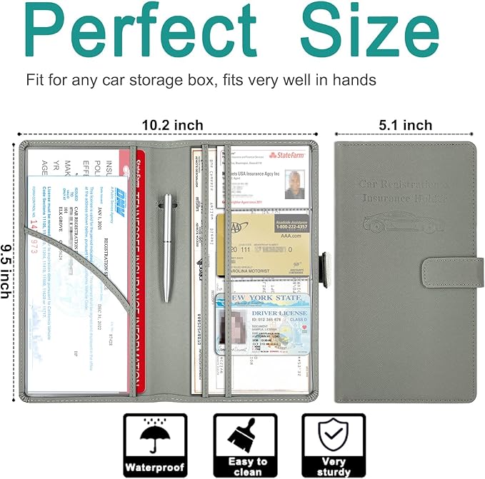 RSAquar Car Registration & Insurance Holder - Leather Glove Box Organizer, Cool Accessories for ID, Driver's License Cards & Essential Documents, Men & Women, Gray