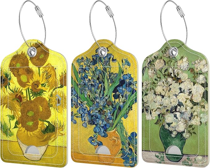Rimilak 3 Pcs PU Leather Luggage Tags for Suitcase, Travel Cruise Luggage Tag with Privacy Flap, Name ID Label and Metal Loop for Women Men Baggage Handbag School Bag Backpack, Flower Vase