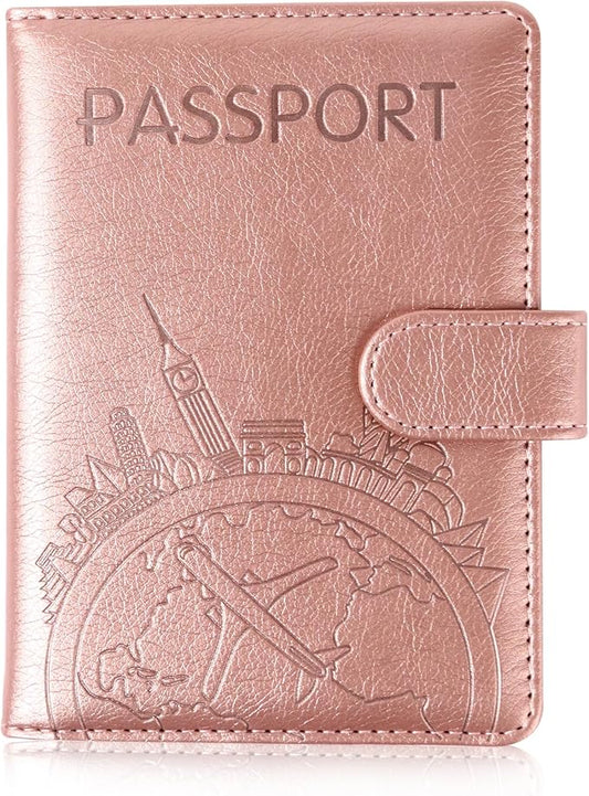 Passport Holder and Card Slot Combo RFID Blocking Leather Family Travel Passport Wallet Travel Accessories for Men Women US Passport Cover Protector (Travel pink)