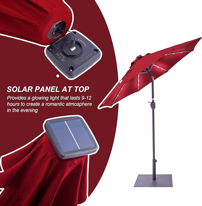 Sundale Outdoor 7 ft Solar-Powered 24 LED Lighted Patio Umbrella with Crank & Push Button Tilt for Garden, Deck, Backyard, Pool, 8 Ribs (Red)