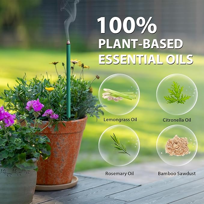 BugBai® Mosquito Repellent Outdoor Patio, 24PCS Natural Citronella Incense Sticks with Plant-Based Essential Oil of Lemongrass Rosemary, DEET-Free 2.5H Protection for Indoor Home Yoga Camping Fishing