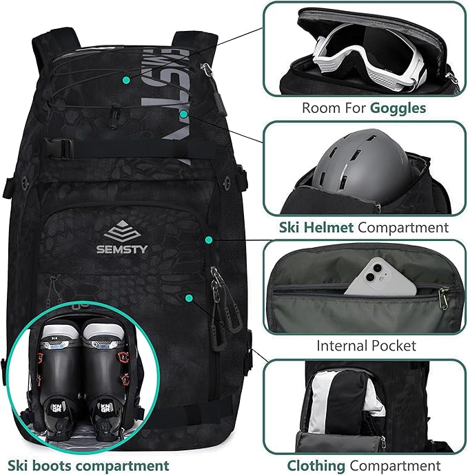Ski Boot Bag, 55L/70L Waterproof Ski and Snowboard Boots Travel Backpack for Skis, Snowboard, Ski Helmet, Goggles, Gloves & Accessories