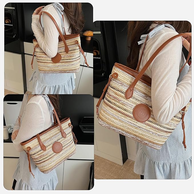 ZOCILOR Women's Straw Shoulder Tote Bag with PU Leather Trim, Large Woven Beach Handbag, Lightweight Casual Summer Purse