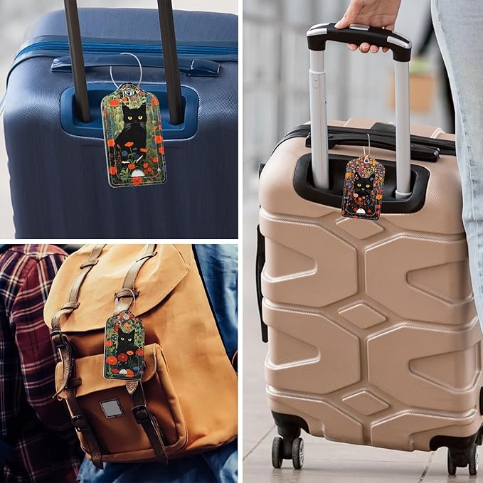 Rimilak 3 Pcs PU Leather Luggage Tags for Suitcase, Travel Cruise Luggage Tag with Privacy Flap, Name ID Label and Metal Loop for Women Men Baggage Handbag School Bag Backpack, Black Cat