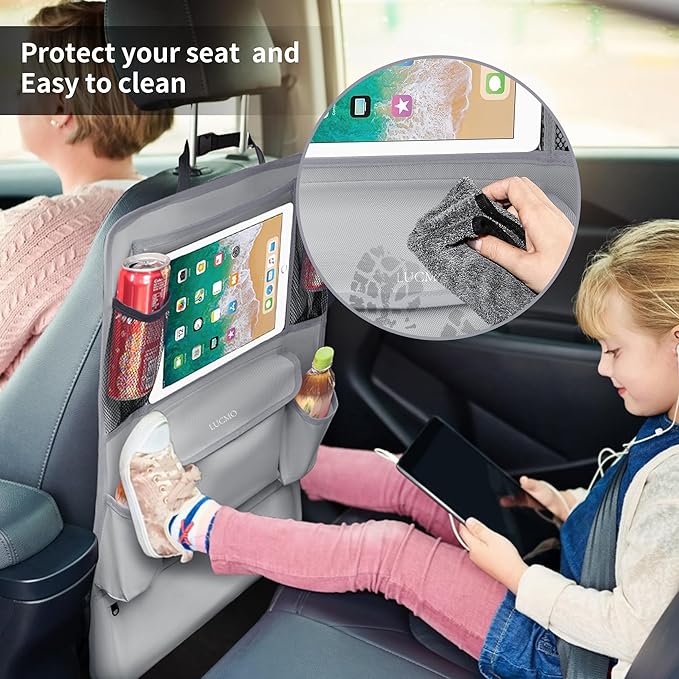 LUCMO Car Backseat Organizer with Touch Screen Tablet Holder,9 Storage Pockets Car Storage Organizer,Protectors Kick Mats Travel Accessories for Kids-Grey