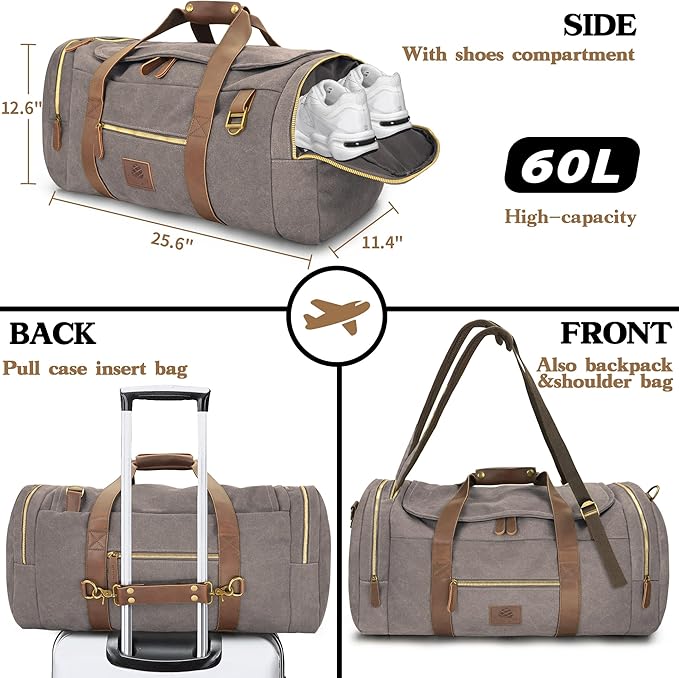60L Travel Bags for Men, Nomad Canvas Duffle Bag Vintage Genuine Leather Travel Duffel Bag Multifunctional Weekender Overnight Backpack with Shoes Compartment (Grey, X Large-60L)