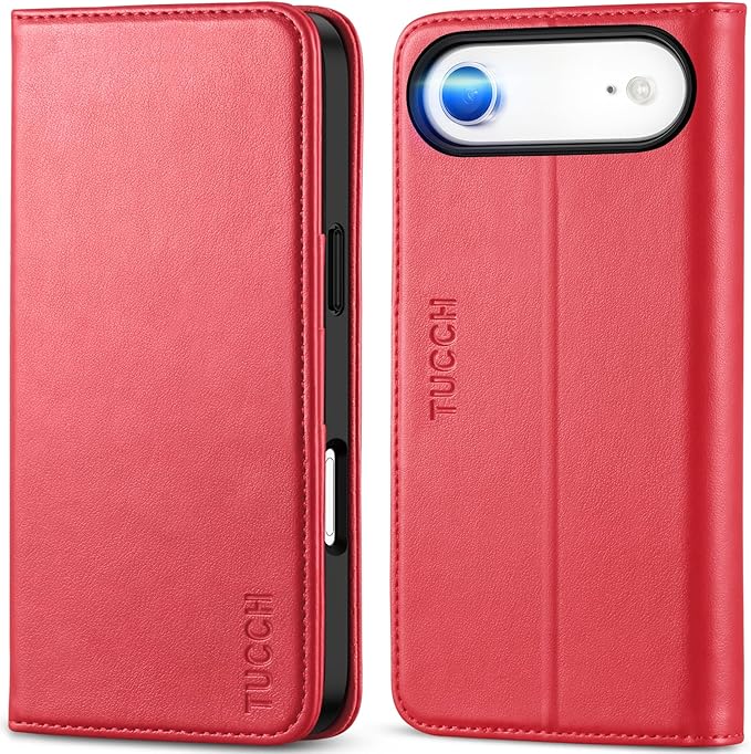 TUCCH Case Wallet for iPhone Air (6.5") 2025, RFID Blocking, 3 Card Holders, Kickstand, PU Leather, Protective Flip Folio Cover, TPU Shockproof Interior Shell, Bright Red