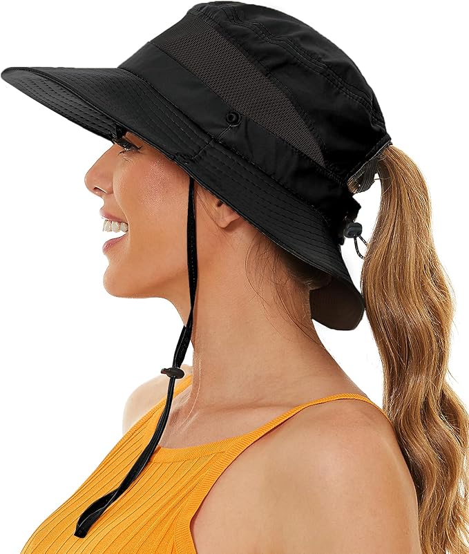 Sun Bucket Beach Hats for Women with Ponytail Hole,Sun Protection UV UPF50+ Waterproof Fishing Safari Hiking Hat
