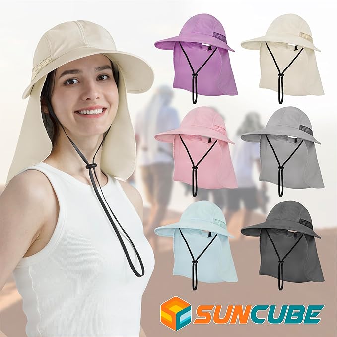 SUN CUBE Sun Hat for Women with Ponytail Hole Neck Flap, Gardening Hat Women Sun Protection, UV Hats Hiking Walking Fishing