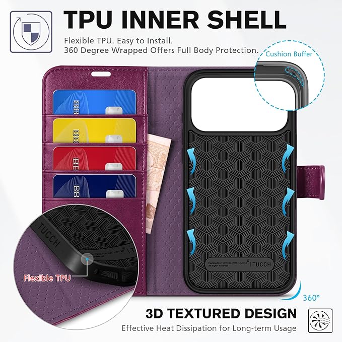 TUCCH Wallet Case for iPhone 17 Pro Max (6.9") 2025, RFID Blocking 4 Card Holders | Kickstand | Shockproof TPU Shell | PU Leather | Magnetic Closure | Protective Phone Cover | Plum Purple