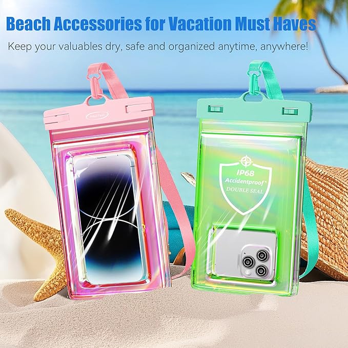 AiRunTech Waterproof Phone Pouch,Floating Waterproof Phone Case with Adjustable Lanyard,Beach,Cruise,Vacation Essentials,Summer Travel Phone Protector-2 Pack(Green + Pink)