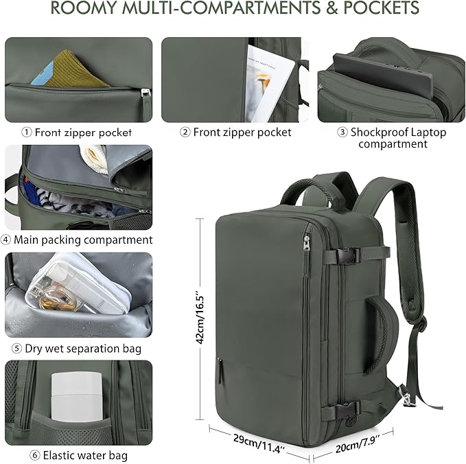 Beraliy Travel Backpack for Men Women, Carry On Backpack, 16 Inch Laptop Backpack, Waterproof Hiking Backpack, Casual Outdoor Daypack College Bag, Olive-green