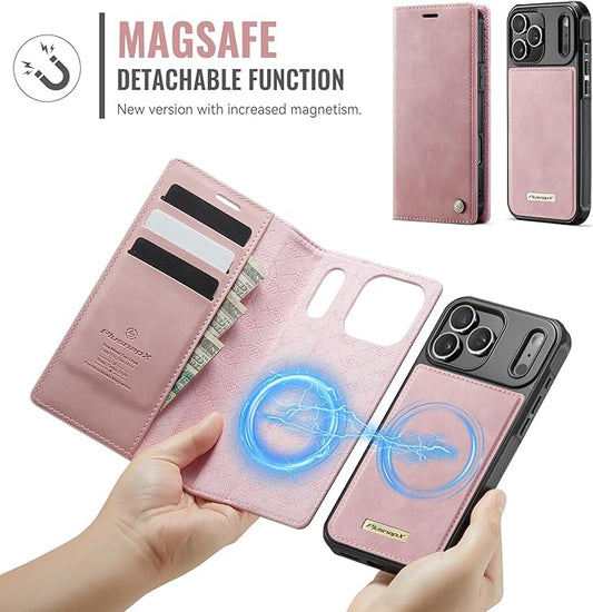 PlusnapX Wallet Case for iPhone 17 Pro Compatible with Magsafe, 2-in-1 PU Leather Flip RFID Blocking Card Holder Stand Shockproof Magnetic Detachable Cover for iPhone 17 Pro Case 6.3", Pink
