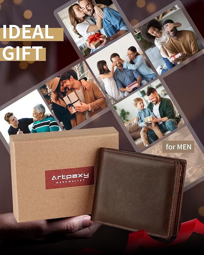 Artpaxy Mens Wallet Bifold Genuine Leather RFID Blocking Wallet for Men with 2 ID Windows 11 Card Holders 2 cash pockets 1 Gift Box