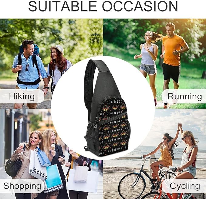 SWEET TANG Polyester Shoulder Sling Bag Multipurpose Casual Sport Daypack Unbalance Backpack with Small Pocket and Smooth Zipper, Moon Phase Floral