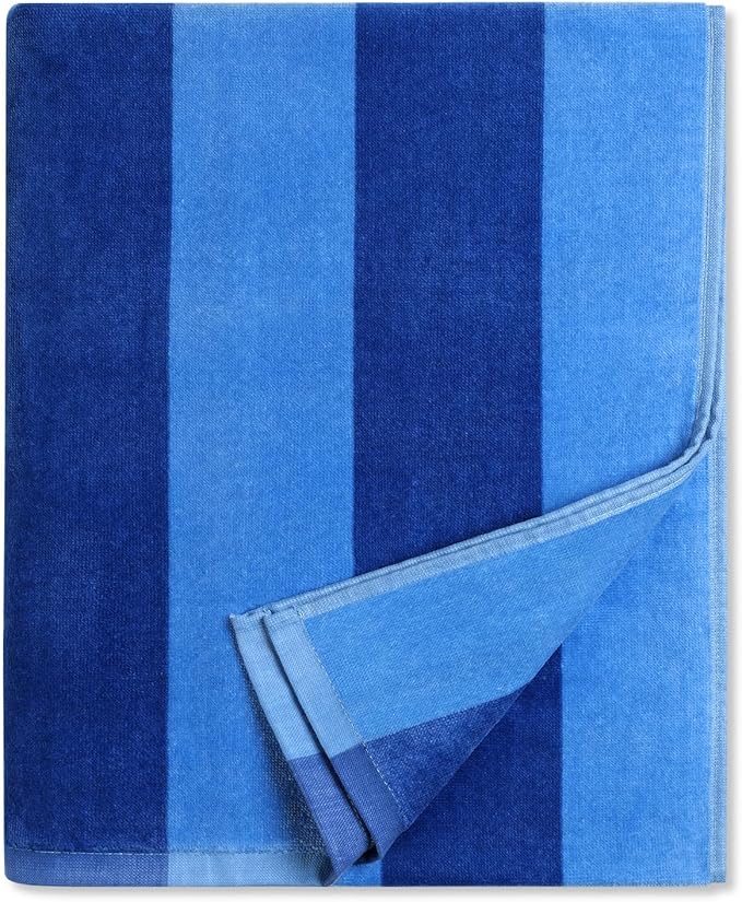 cabanana Large Beach Towel Oversized - Cotton Velour 35 x 70 Inch Blue Striped Terry Pool Towel, Cabana Soft Swimming Towel for Adults Women Men (Blue)