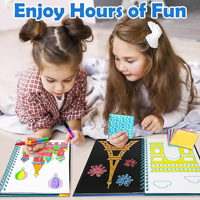 FUNNYB&G Foil Art Craft for Kids - Christmas Crafts Gift Party Favors Stocking Stuffers for Kids Fun Art Supplies Creative Birthday Gift Travel Toys for Girls Boys 4 5 6 7 8 9 Years Old(Buildings)