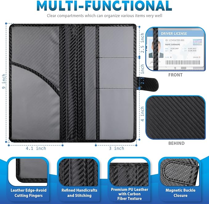 Hanaive 4 Pcs Car Registration and Insurance Card Holder with Magnetic Closure Glove Compartment Organizer Auto Registration and Insurance Wallet for Document Paperwork, Carbon Fiber Black