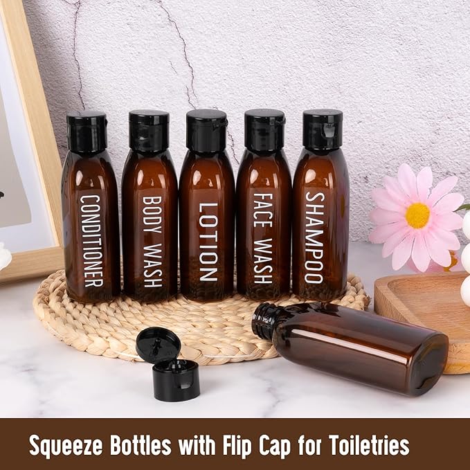 Travel Bottles for Toiletries 6 PCS 3.4oz/100ml Travel Size Containers Plastic Lotion Bottle TSA Approved Leak Proof Squeeze Bottles with Flip Cap for Toiletries, Shampoo & Lotion (Brown)