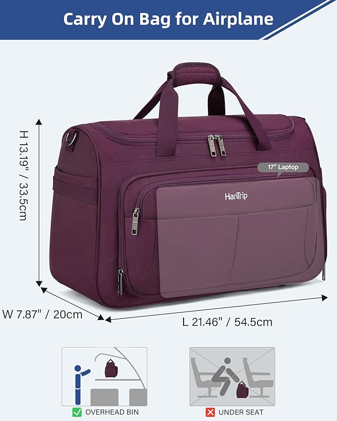 HanTrip Carry on Duffel Bag Foldable Duffle Bags for Travel, Large Personal Item Bags for Airplanes, Weekender Overnight Mens Travel Tote Bag for Women Softside Carry on Luggage (Purple)