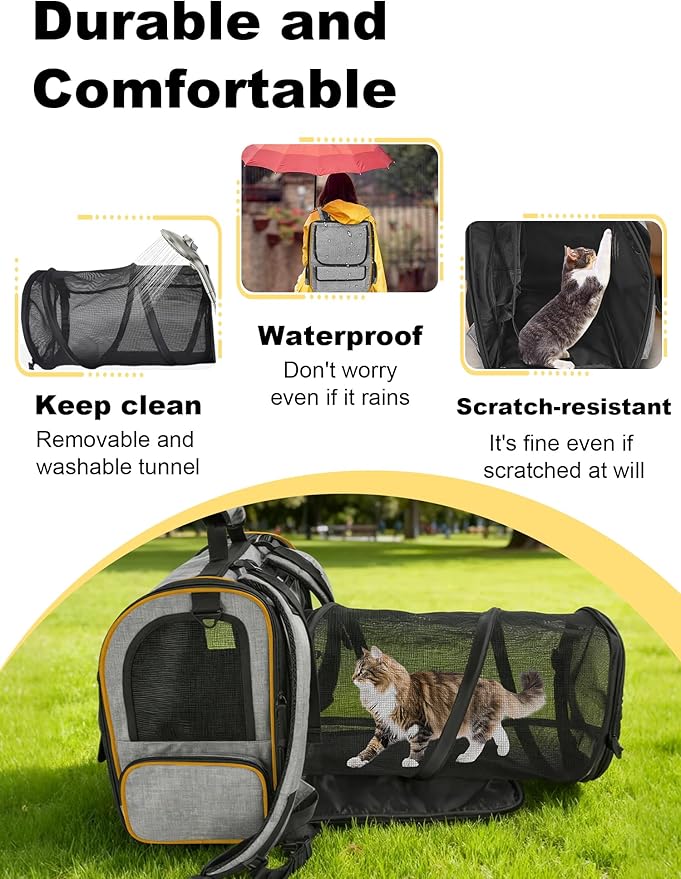 Expandable Cat Carriers for Cats and Small Dogs,Travel Bag with Breathable Mesh Windows, Anti-Escape Leash, Soft Cushion and Lightweight Design,Gray Orange