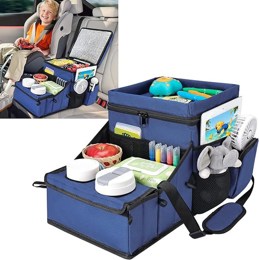 COOLBEBE Car Seat Organizer, Backseat Car Organizer with Cup Holders for Kids and Adults Travel, Cooler Compartment Passenger Seat Organizer Storage Box for Front or Middle Seat, Navy Blue